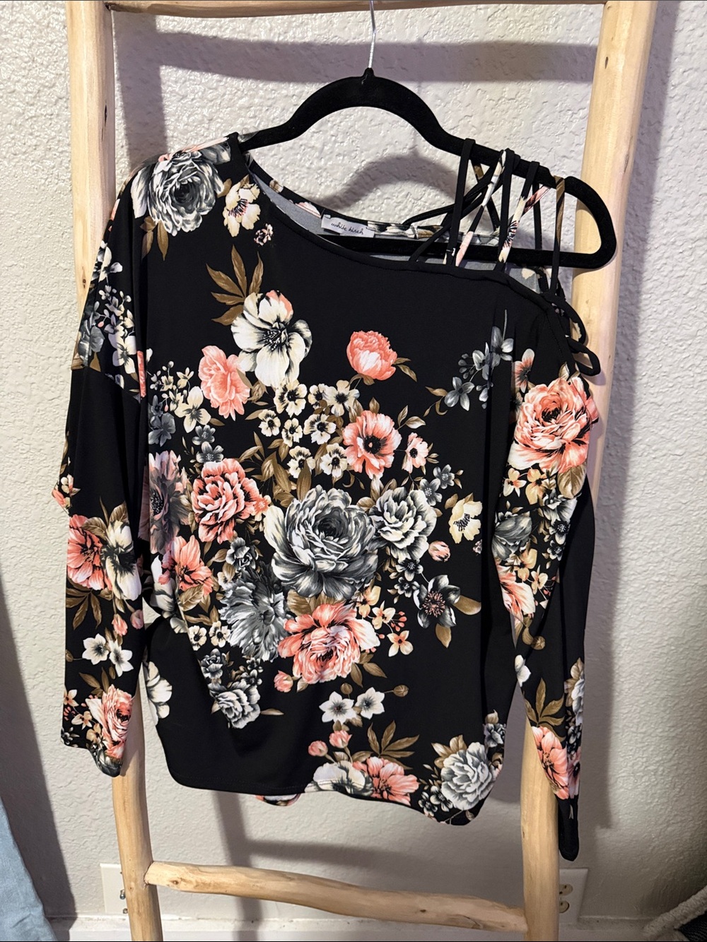 white birch Black Floral Cold-Shoulder Long Sleeve Top with Pink Blooms